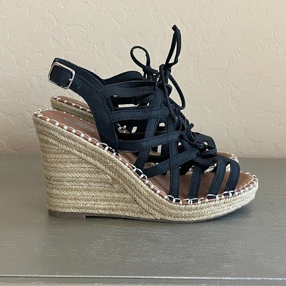 SO Kohls 6 Ketch Black Lace Up Jute Platform Wedge Espadrille Sandals Worn Once! - Picture 9 of 11